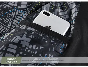 Detail view of the inner jacket pocket with geometric map lining and a smartphone inside