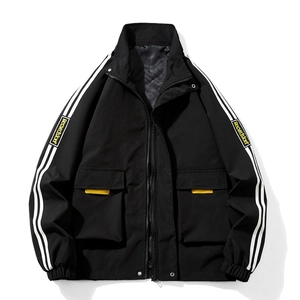 Men's black cargo jacket with white sleeve stripes and large utility flap pockets