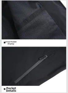 Detail view of mesh inner pocket and exterior zipper pocket on black stretch jacket