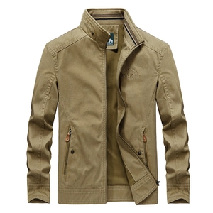 Men's khaki stand collar zip jacket with chest embroidery and ribbed cuffs
