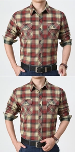 Détails de chemise à carreaux rouge pour homme avec doubles poches poitrine et col classique