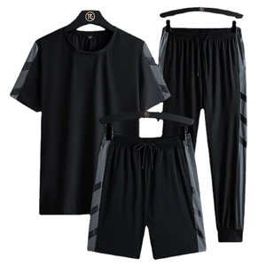 Men's 3-piece quick-dry sports set with black t-shirt, shorts, and jogger pants