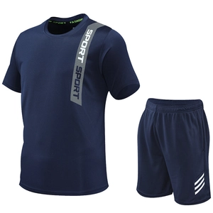 Men's navy quick-dry sports set with breathable mesh t-shirt and drawstring shorts
