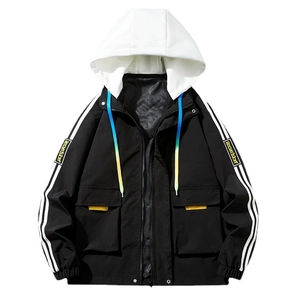 Men's casual hooded patchwork jacket in black and white with vibrant gradient drawstrings