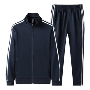Men's navy blue casual sports track suit with white side stripes and full zip jacket
