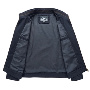 Men's navy blue casual stand collar jacket with striped detail and zip front on white background