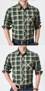 Détails de la chemise à carreaux verte pour hommes avec col classique et poche de poitrine