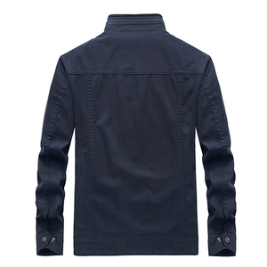 Men's navy blue casual jacket with stand-up collar and premium stitching, back view