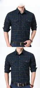 Detail view of plaid shirt with dual chest pockets and button-down collar