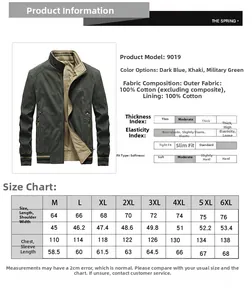 Detailed size chart for men casual reversible cotton jacket with stand collar specifications
