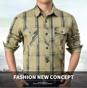 Close-up of yellow plaid long-sleeved shirt with double chest pockets and classic collar