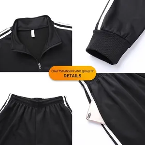 Men's black tracksuit set with white side stripes and zip-up collar sports jacket