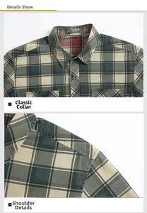 Vue détaillée du col classique et des coutures d'épaule de la chemise à carreaux olive