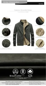 Detail view of men's reversible jacket with stand collar, elastic cuffs and inner side pockets