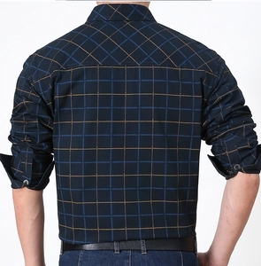 Detailed back view of a navy blue plaid casual shirt for men with high-quality stitching