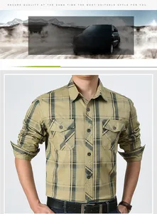 Detail of khaki plaid shirt featuring double chest pockets and rolled sleeves for men