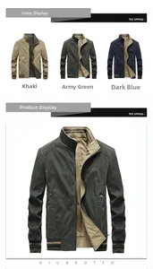 Detail view of khaki, army green, and dark blue men's bomber jackets with ribbed collar