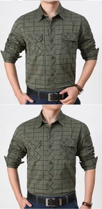 Detail view of military green plaid shirt featuring dual chest pockets and cotton fabric