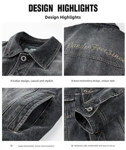 Dettagli della giacca in denim lavato con ricamo Wander Free e polsini con bottoni in metallo
