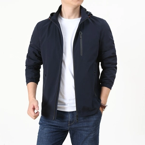 Men's dark blue hooded casual jacket with four-way stretch for spring and autumn