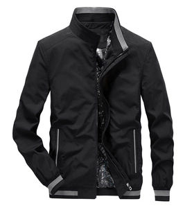 Men's black casual jacket with stand collar, striped ribbing and geometric lining