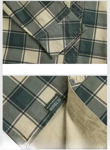 Détail macro d'une chemise à carreaux pour homme avec étiquette et coutures aux poignets