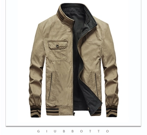 Detail of khaki casual jacket showing ribbed stand collar and contrast stripe knit cuffs