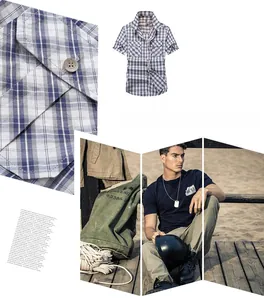 Detail shot of men's casual blue plaid short sleeve shirt with chest pockets and textured fabric