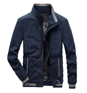 Men's navy business casual jacket with striped ribbed trim and sleek stand collar