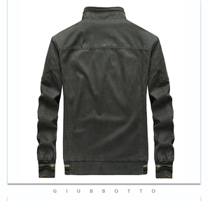 Rear view of casual bomber jacket featuring striped ribbed cuffs and stand-up collar details