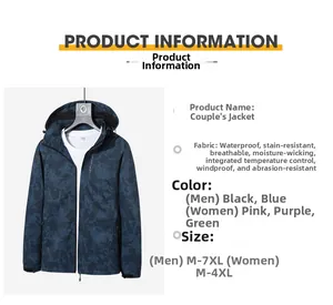 Detailed chart showing camouflage hooded jacket with waterproof and breathable features