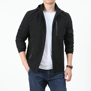 Men's casual black hooded jacket with zipper pockets and four-way stretch fabric