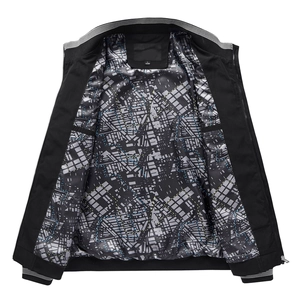 Men's casual black zip-up jacket with striped collar and geometric print lining