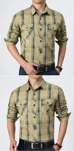 Classic light khaki plaid long-sleeved shirt with dual chest pockets and button-down design