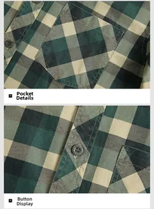 Détails d'une chemise à carreaux verts montrant la poche de poitrine et les boutons gravés