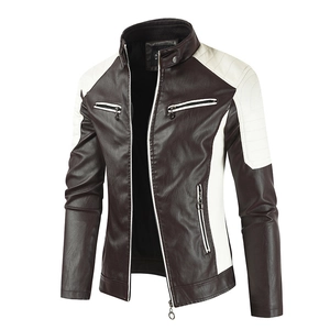Men's slim fit faux leather jacket with stand collar and white contrast panels