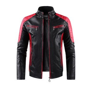 Detailansicht des Stehkragens und der roten Kontrastnähte einer schwarzen Lederjacke für Herren