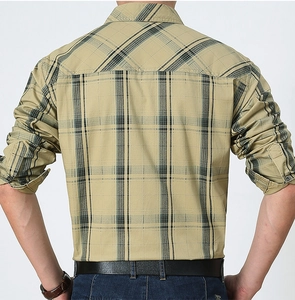 Rear view of khaki plaid long sleeve shirt showing high-quality tailored back and seams