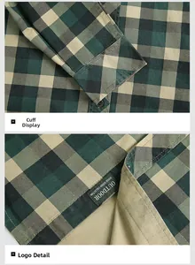Détails des poignets de la chemise à carreaux verts et de l'étiquette sur l'ourlet