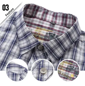Detailed view of men's casual plaid shirt featuring classic collar and resin buttons