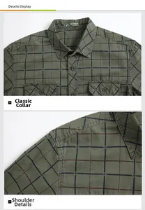 Detail showing the classic collar, shoulder seams, and army green plaid texture on a casual shirt