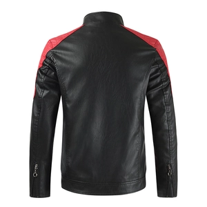 Men's slim fit faux leather motorcycle jacket with red quilted shoulder panels in black