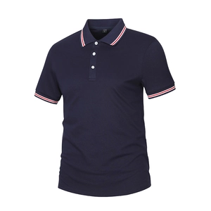 Navy blue short sleeve polo shirt for men with red and white striped collar and cuffs