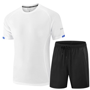 Men's two-piece sports set with white short sleeve T-shirt and black quick-dry shorts