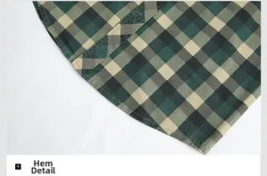 Détail de l'ourlet de chemise à carreaux vert et beige avec double couture et boutons