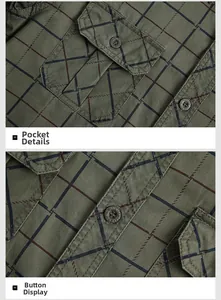 Detail of checkered shirt showing chest pocket and branded buttons on olive cotton fabric