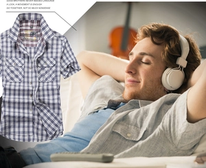 Detail of men's summer plaid short sleeve shirt with classic collar and chest pockets