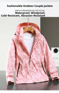 Detailed view of pink camo jacket showing waterproof zippers and adjustable velcro cuffs