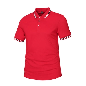 Classic red short sleeve polo shirt for men and women with black and white striped collar trim