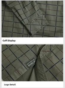 Detail of military green plaid shirt featuring buttoned cuffs and Outdoor logo tag